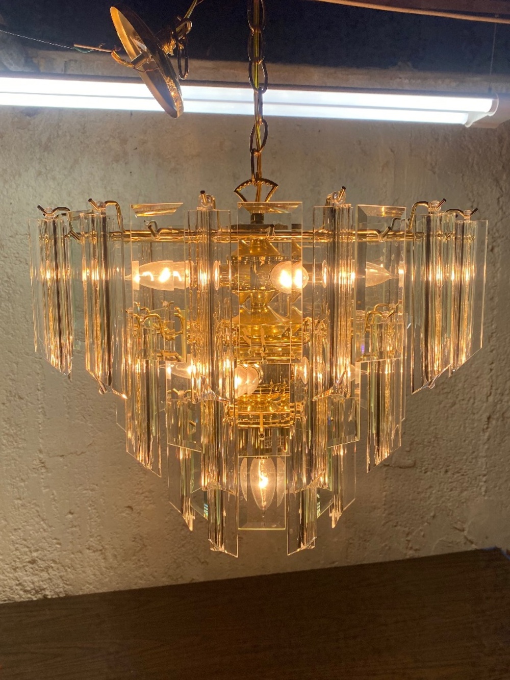 Large Vintage 3 Tier Glass & Lucite Hanging Chandelier 10 Bulb MCM Regency